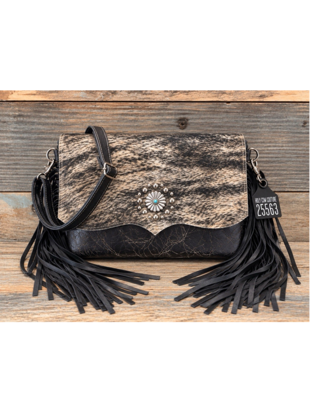Holy Cow Couture Handbag Classy Cowgirl USA Handmade Hair On Hide Flap Black